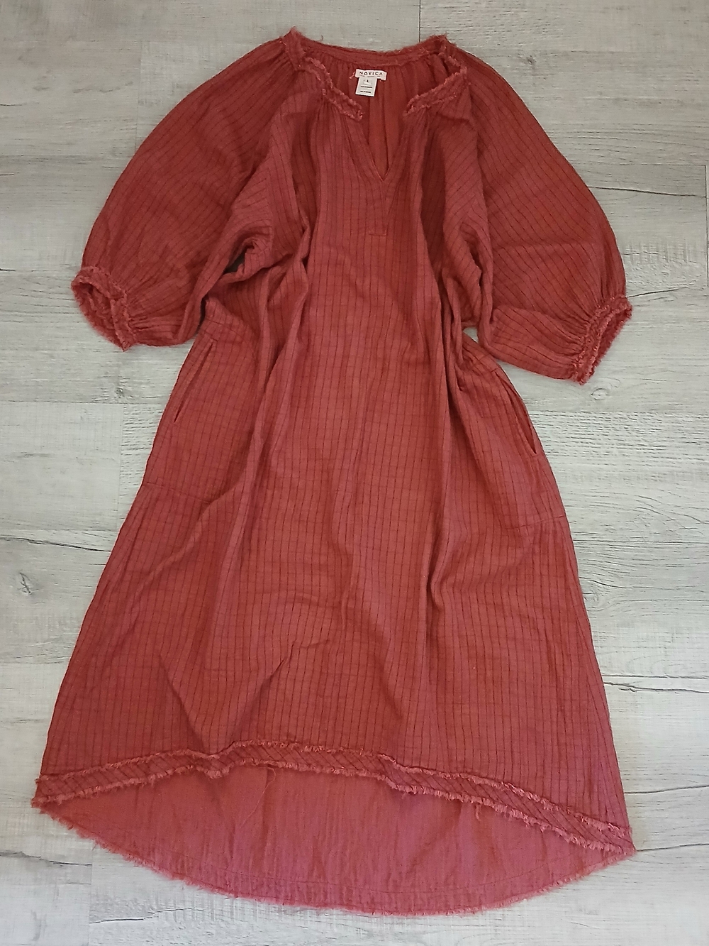 Novica Rust Red Cotton Gauze Boho High Low Midi Dress